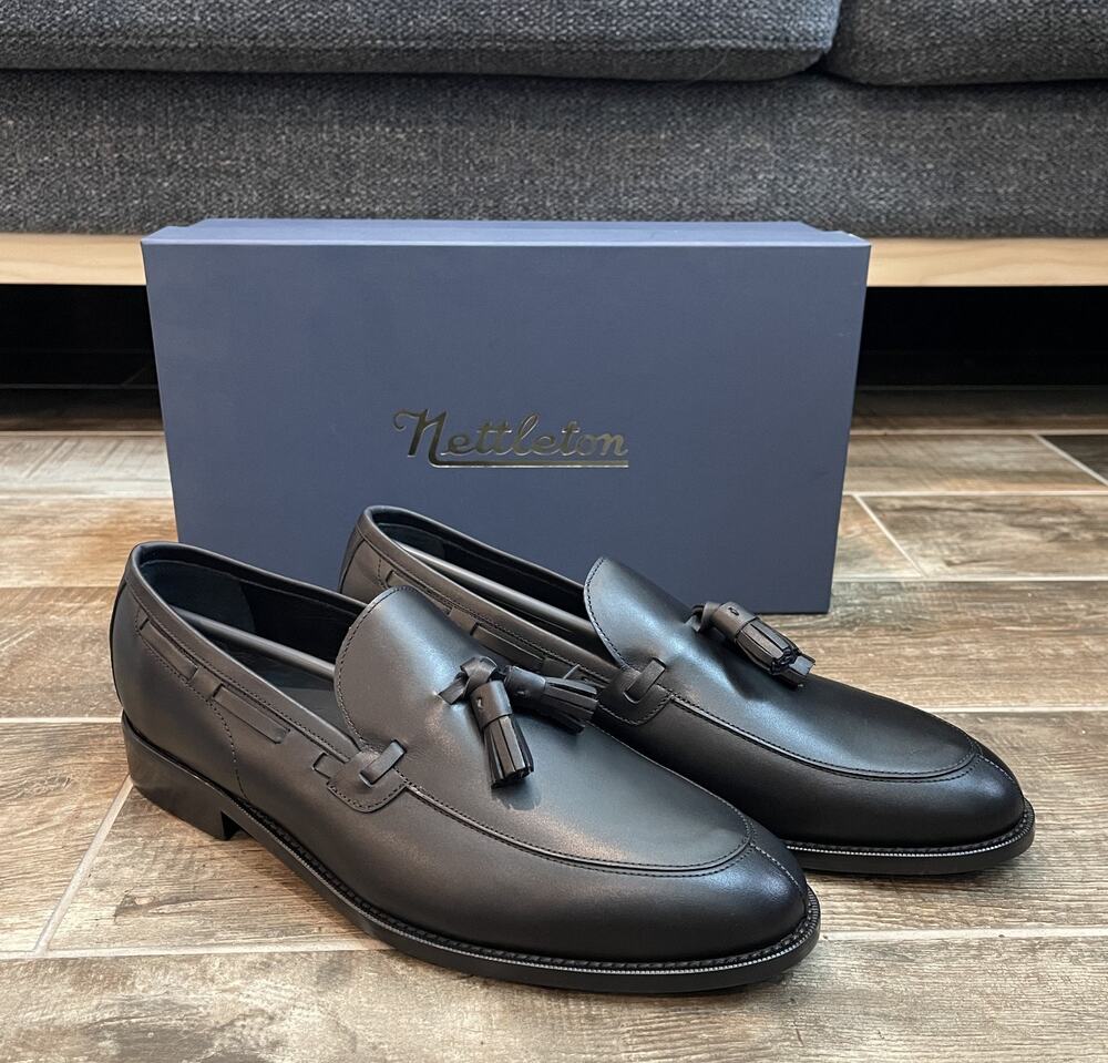 $950 NIB Nettleton Black Leather Almond Toe Tassel Loafers Slip Ons Shoes 13